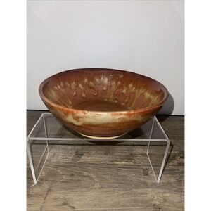 Handcrafted‎ Art Pottery Serving Bowl Rust Terracotta Drip Glaze Signed M Boho